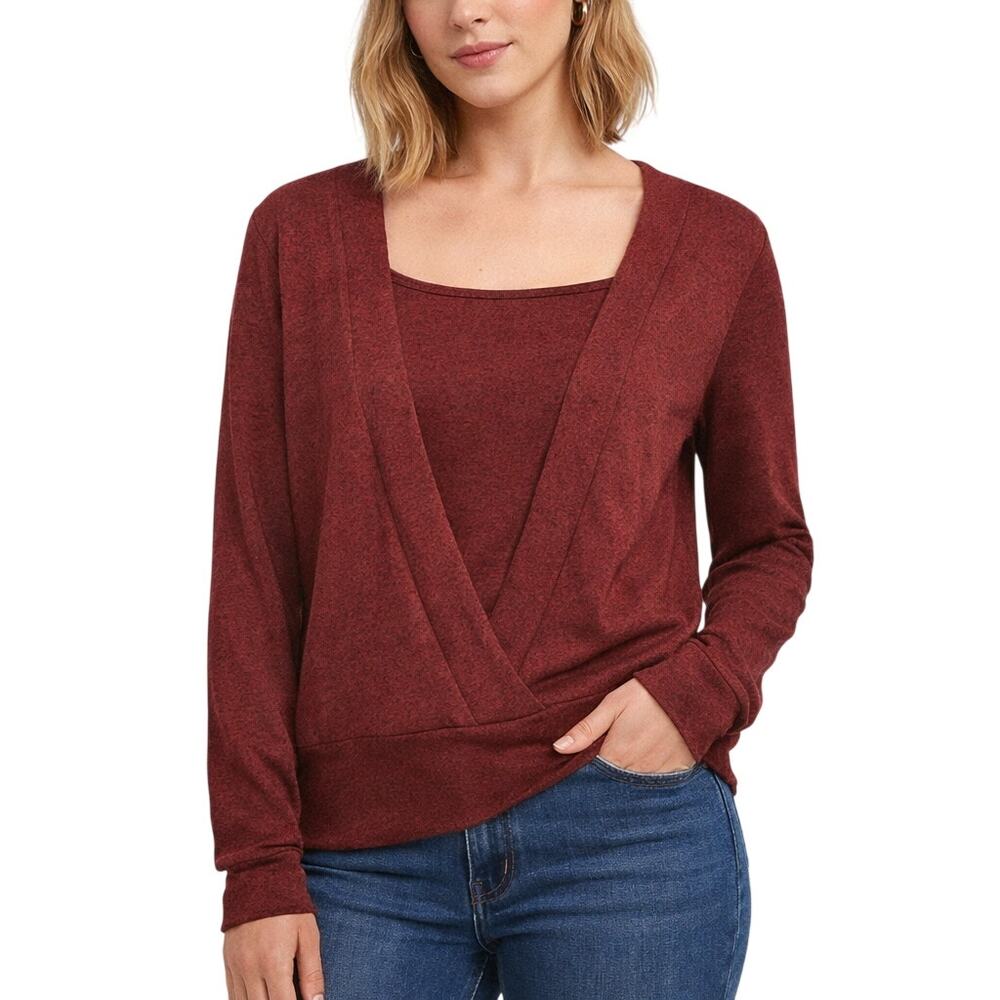 Dark Red Long Sleeve Wrap-Style Sweater Top Women’s Small